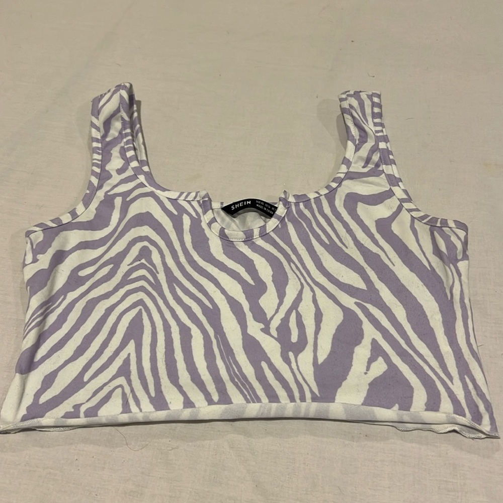 shein ezwear notched neck lettuce trim tank purple zebra striped polyester xs - Picture 3 of 5
